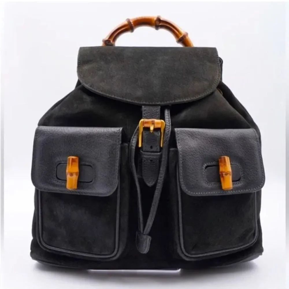Gucci Black Suede Backpack with Bamboo Details